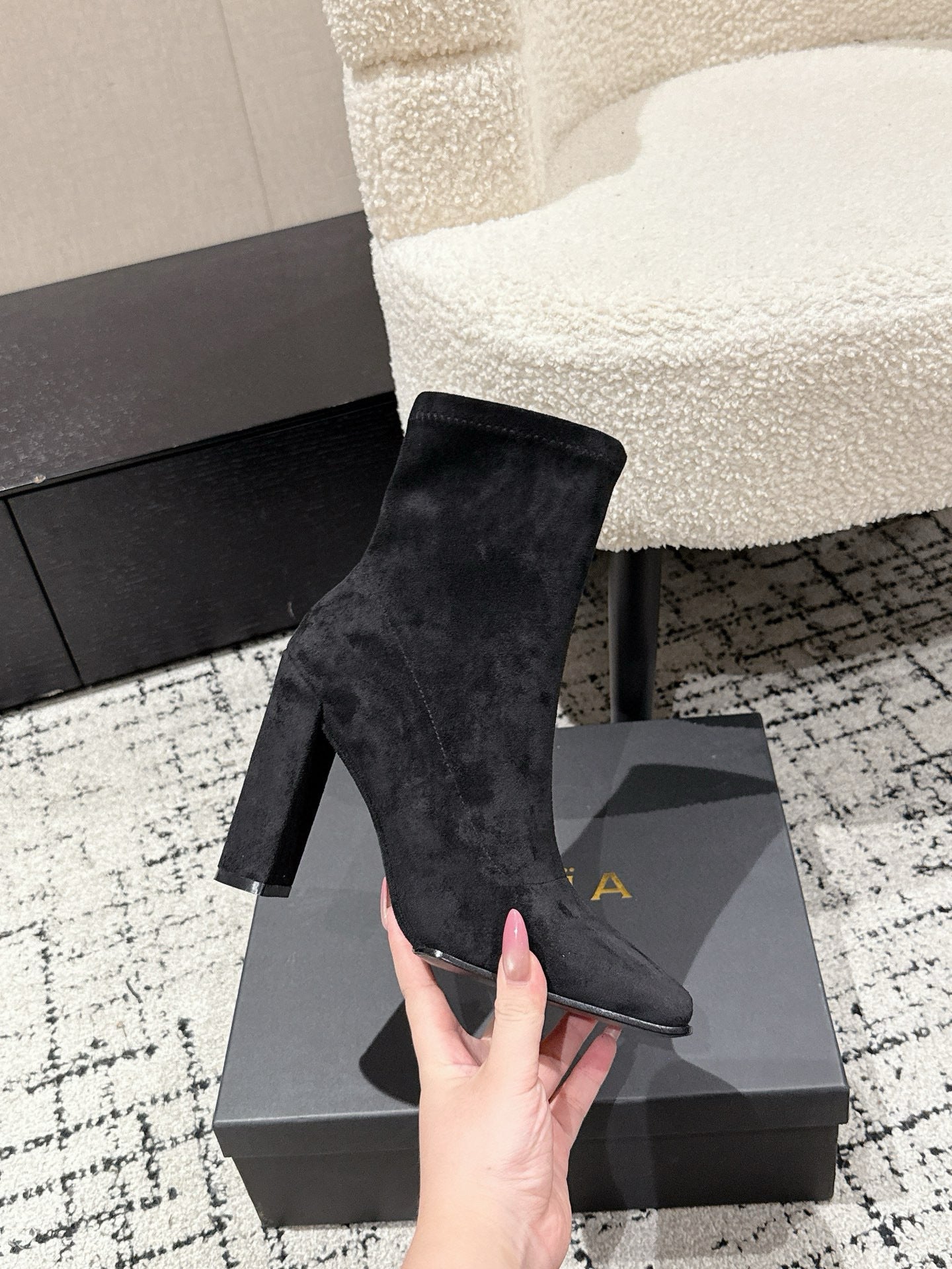 Alaia 2025 Square Toe High Heeled Ankle Boot Black Suede 558668