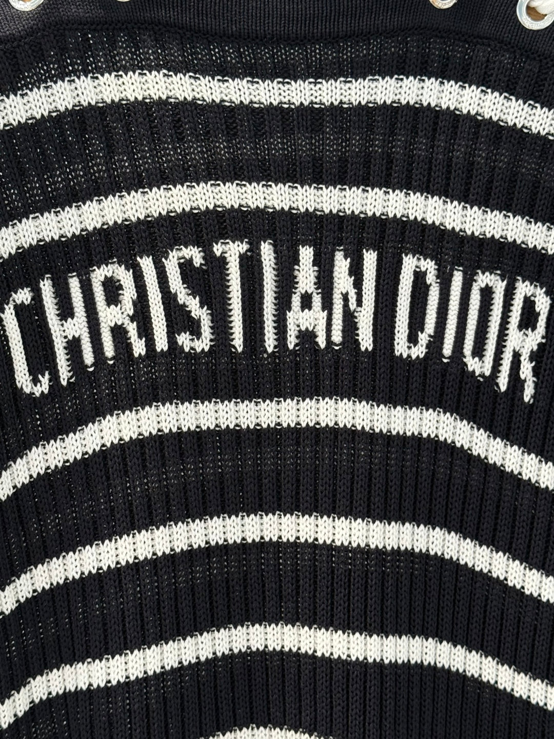 CD 25 Striped One-shoulder Knitted Short-sleeved Top Black Cotton