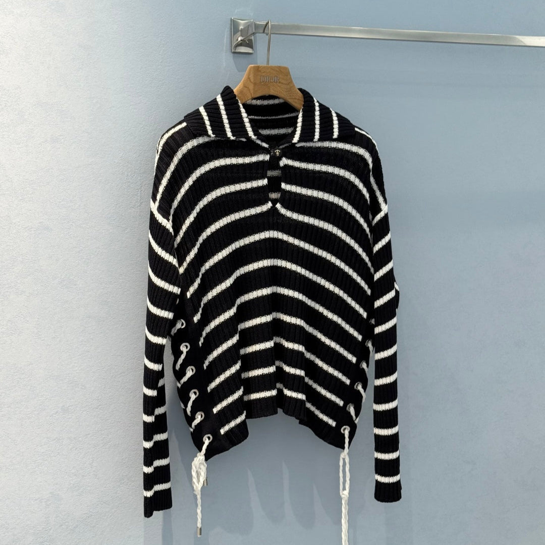 CD 25 Striped Knitted Long-sleeved Top Black Cotton