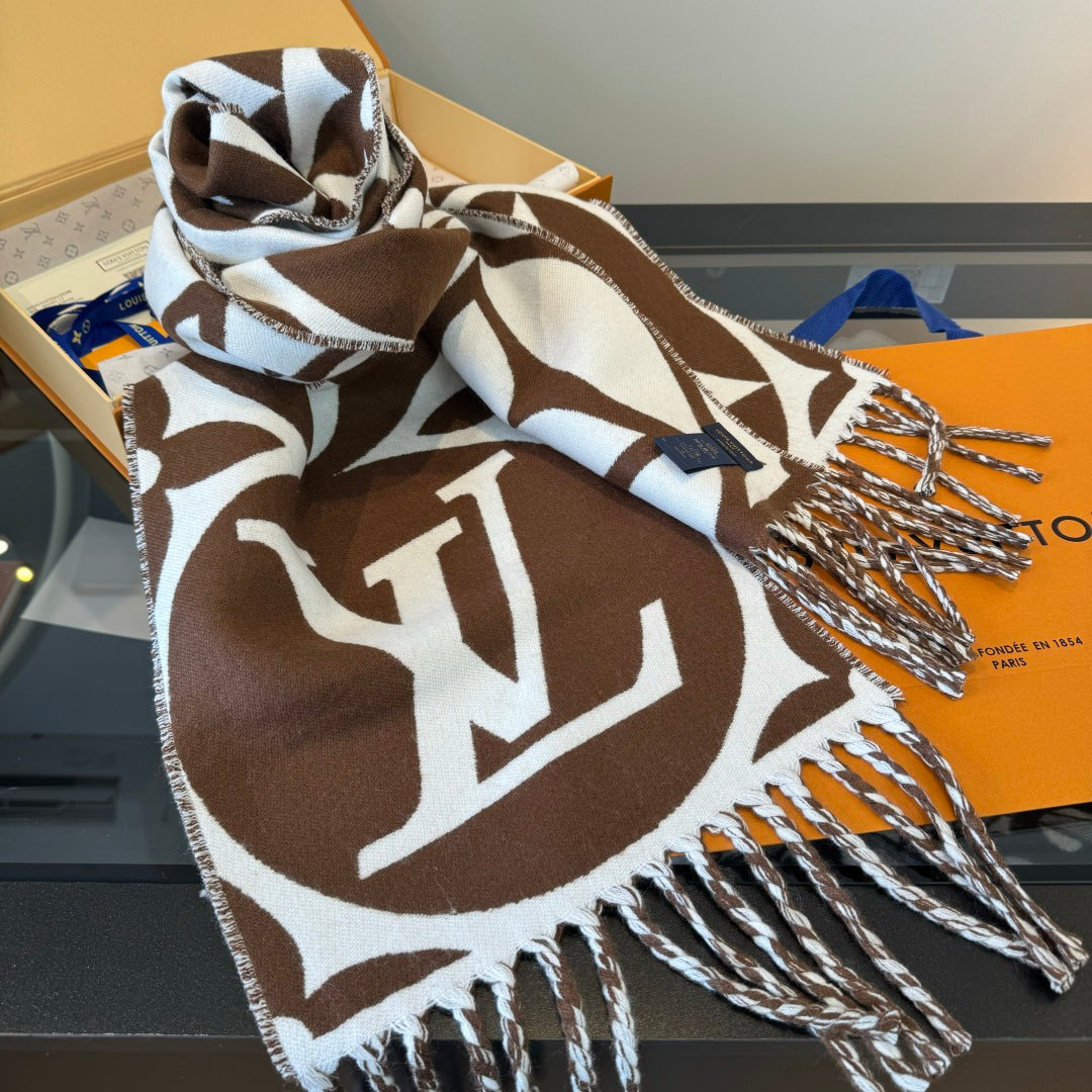 LV 25 Scarf 186cm Brown White Wool 293487