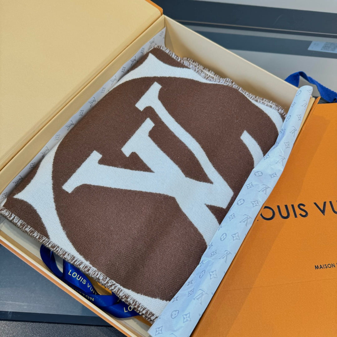 LV 25 Scarf 186cm Brown White Wool 293487