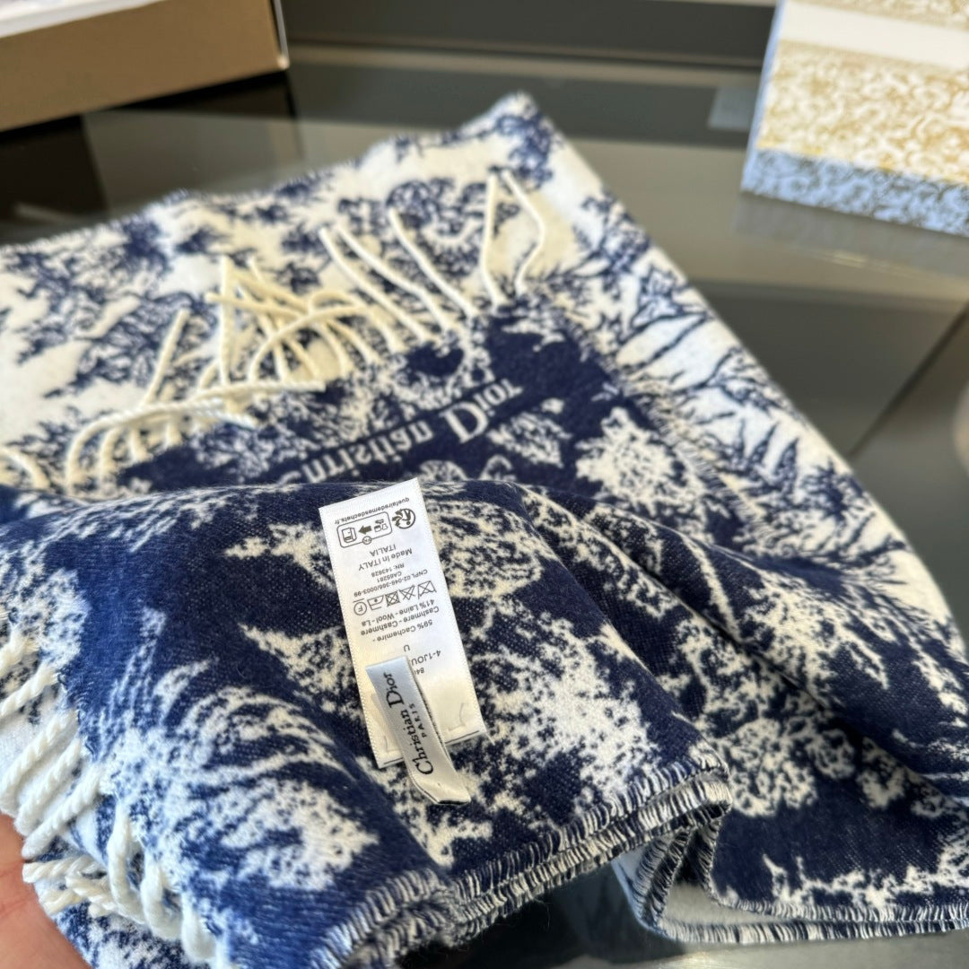 CD Embroidery Scarf 200CM Blue Wool Cashmere 293450