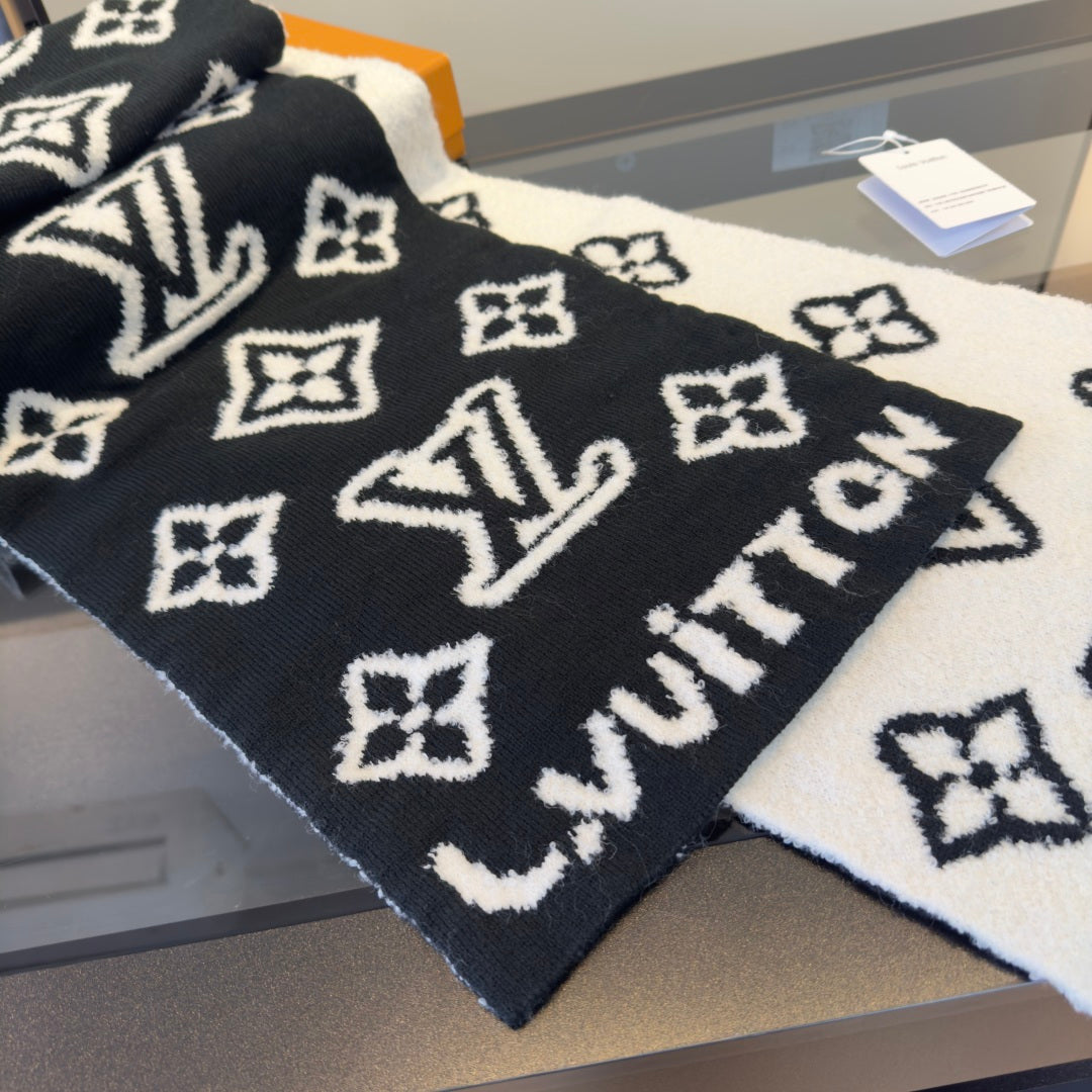 LV 25 Scarf 180cm Black White Wool 293457