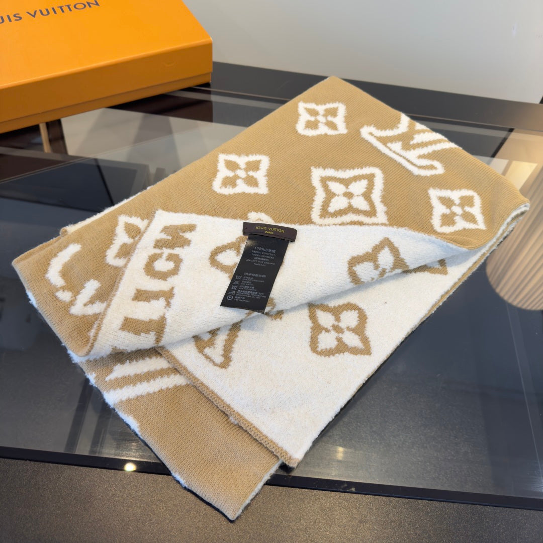 LV 25 Scarf 186cm Beige White Wool 293489