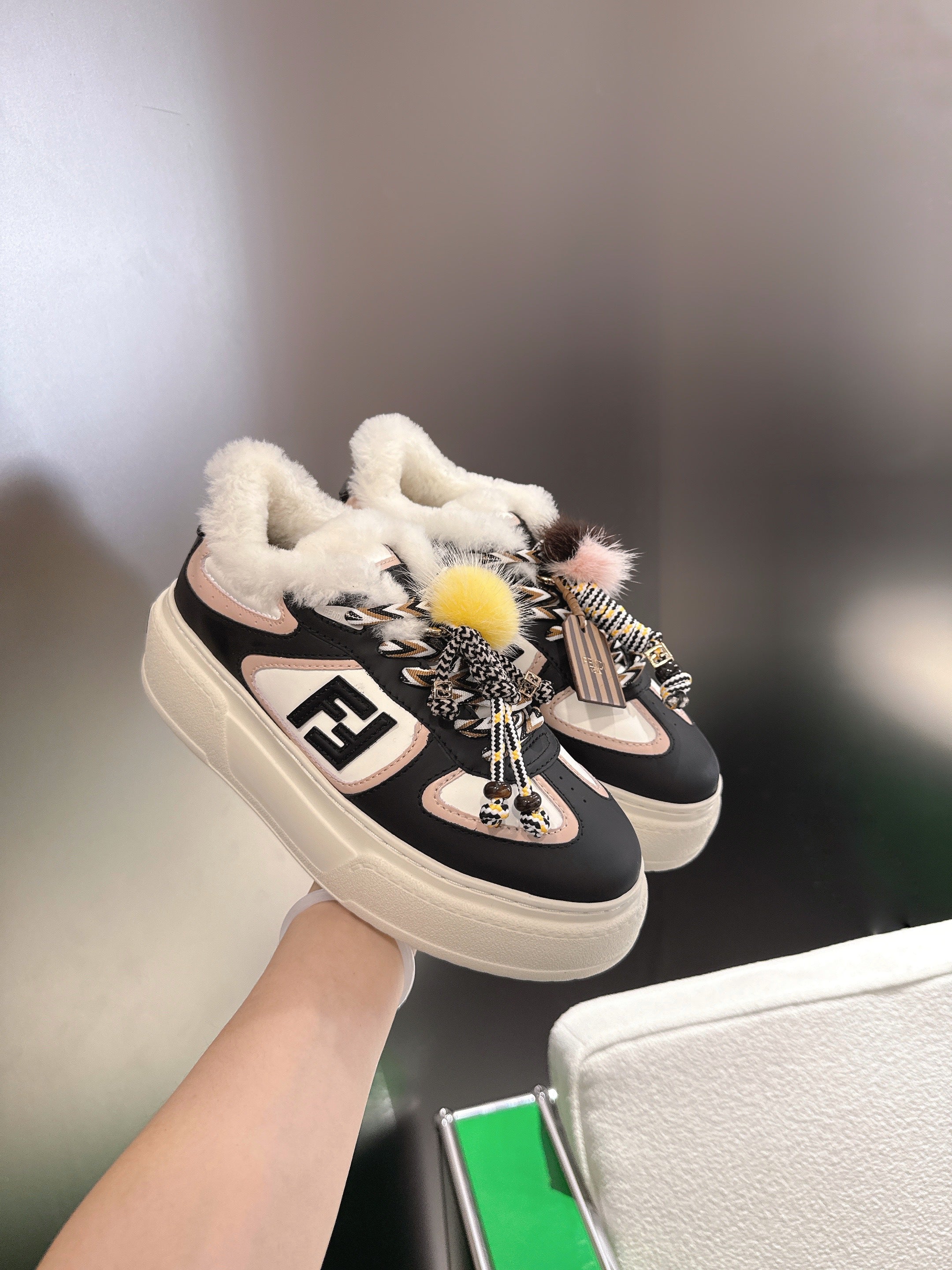 Fendi 2025 Match Platform Sneakers Black Leather Wool 562578