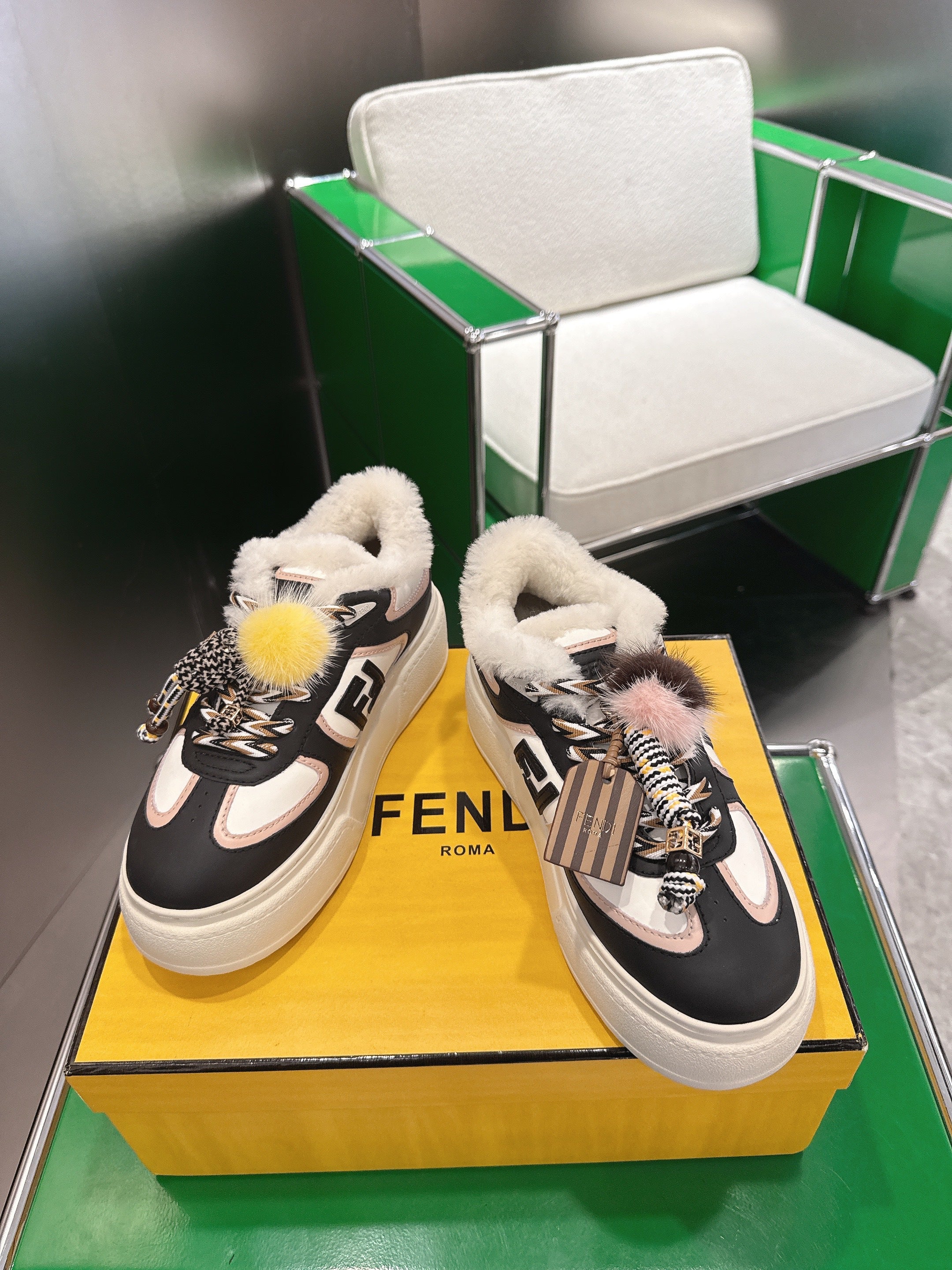 Fendi 2025 Match Platform Sneakers Black Leather Wool 562578