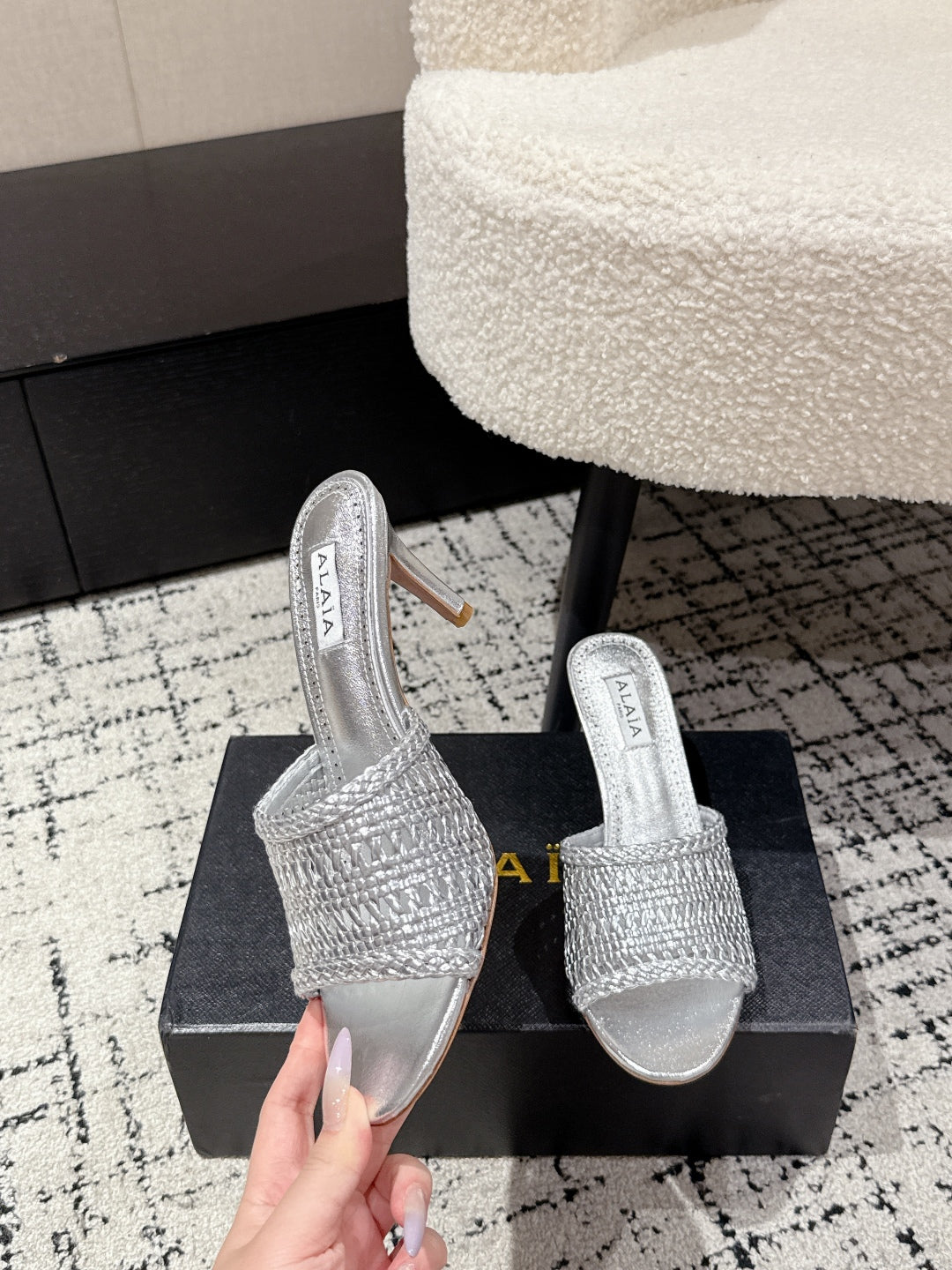 ALAIA  Muller high-heeled metallic sliver woven leather