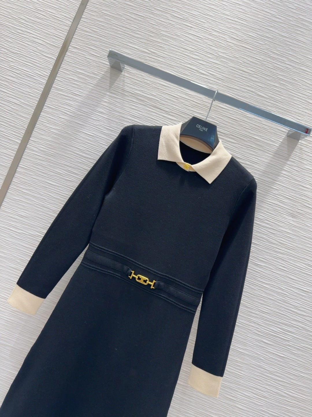 Celine 2025 A-line Dress Black mix White Tencel cotton