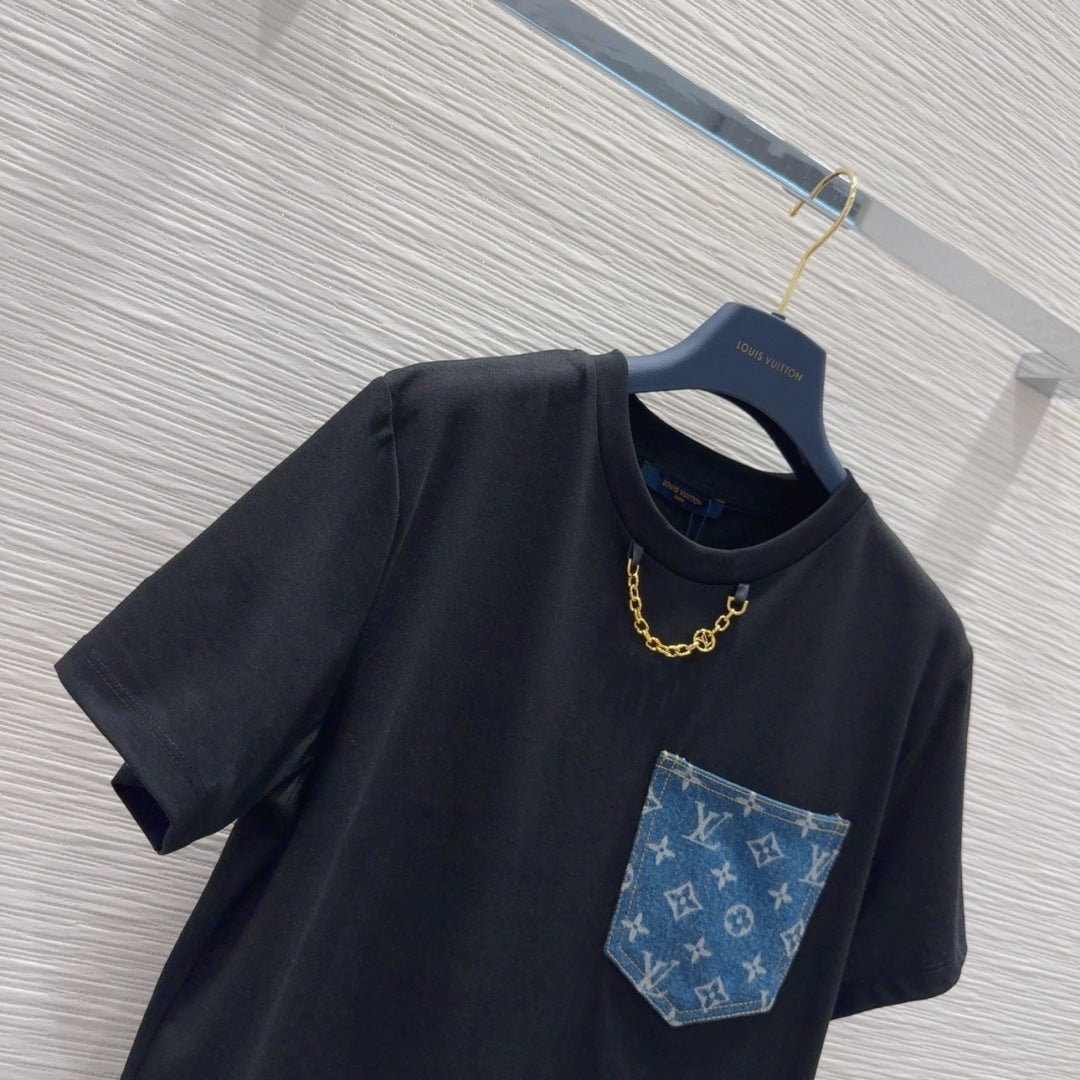LV 25 Denim Pocket T-shirt Black Cotton