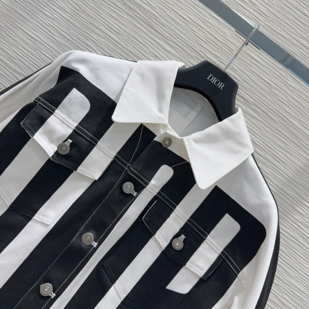 CD 2025 "Dior" Bomber Jacket Black White Cotton