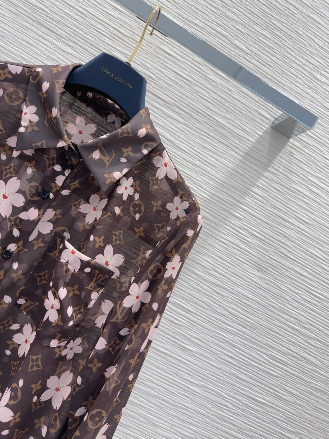 LV 25 Slightly Transparent Flower Shirt Brown Polyester