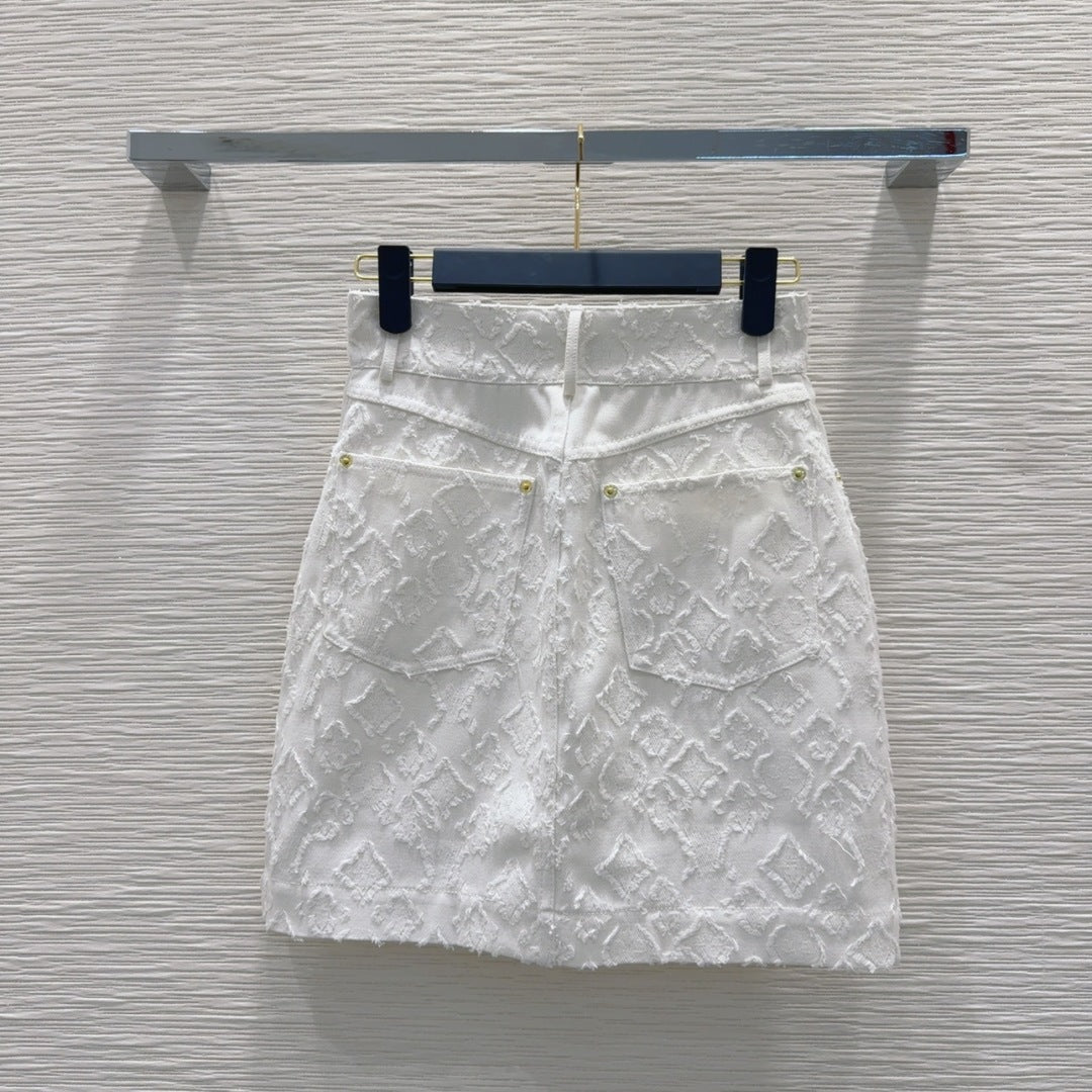 LV 25S Monograw Jacquard Fabric Skirt White Cotton