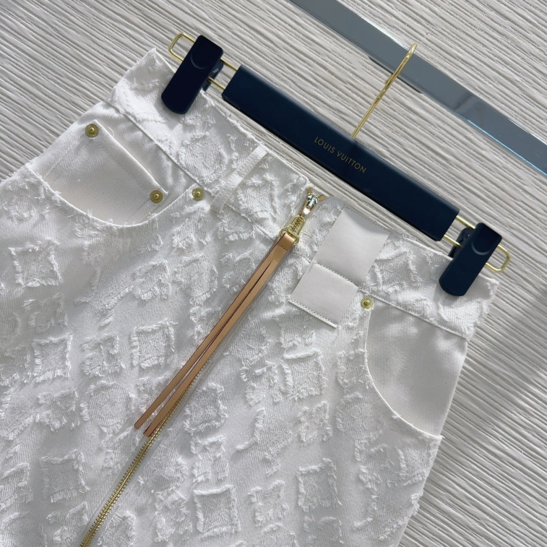 LV 25S Monograw Jacquard Fabric Skirt White Cotton