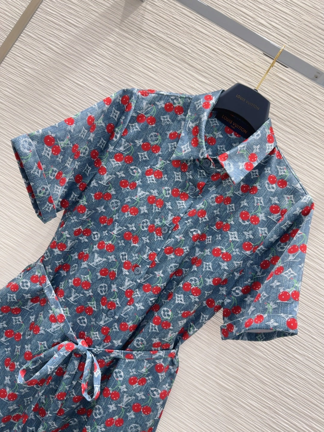 LV 25S Cherry Printed Dress Blue Red Poliester
