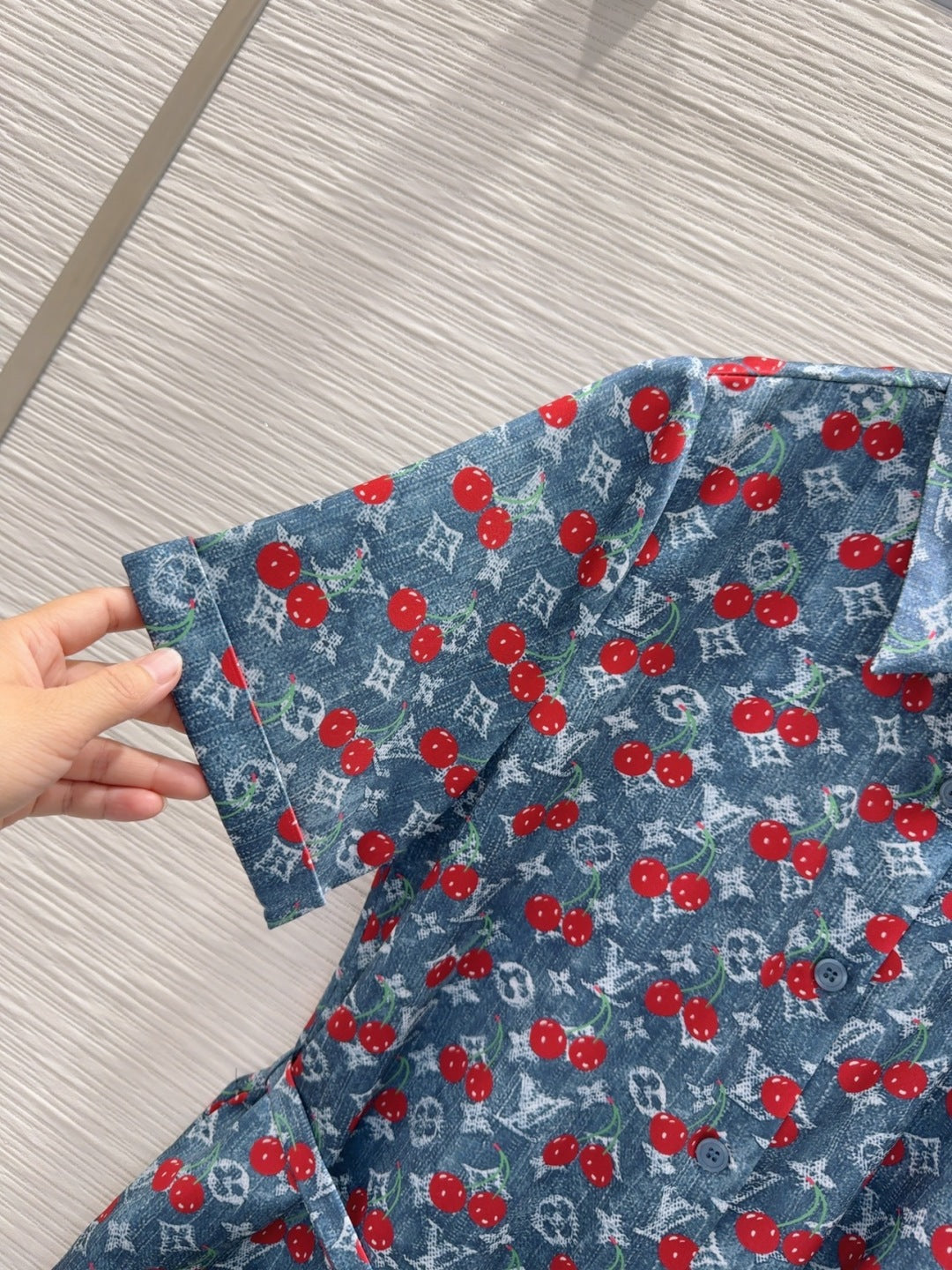 LV 25S Cherry Printed Dress Blue Red Poliester