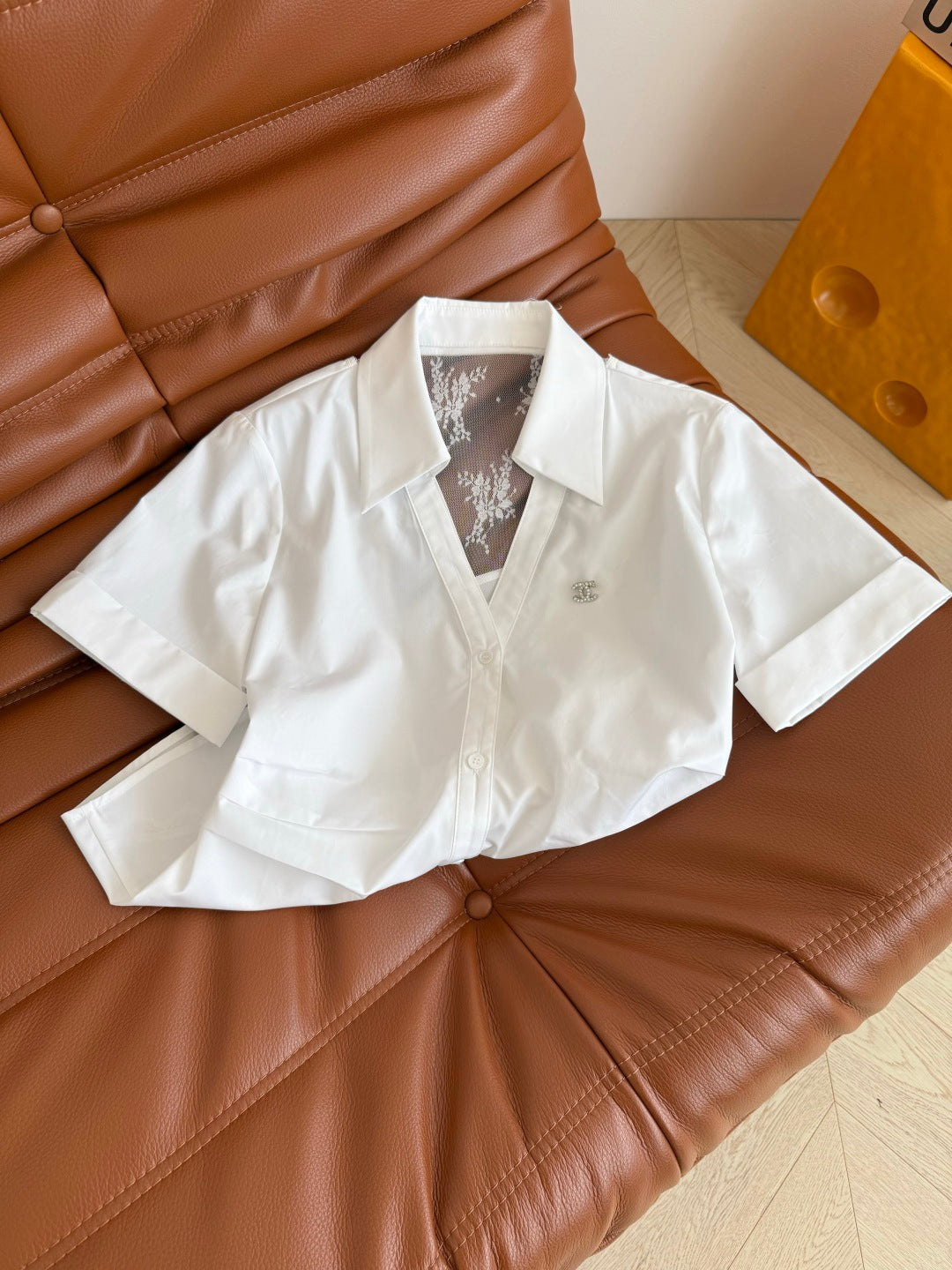 CC 25 Lace Backless Shirt White Cotton