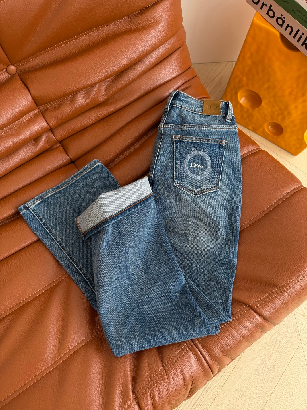 Dior 2026 Pattern Embroidered Flared Jeans Blue Cotton 371614