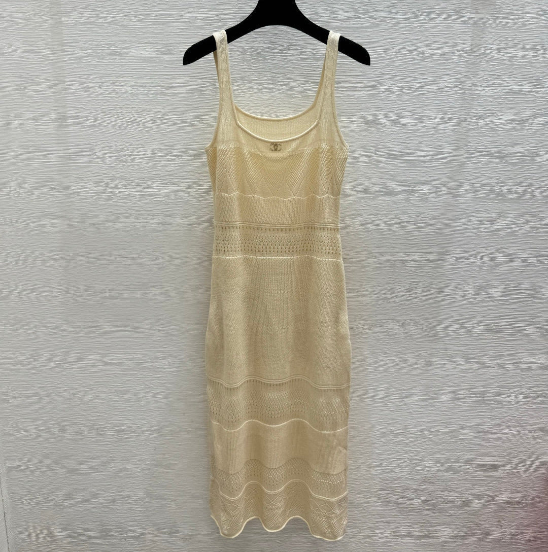 Chanel 2026 Round Neck Knitted Suspender Dress Yellow Linen 516040