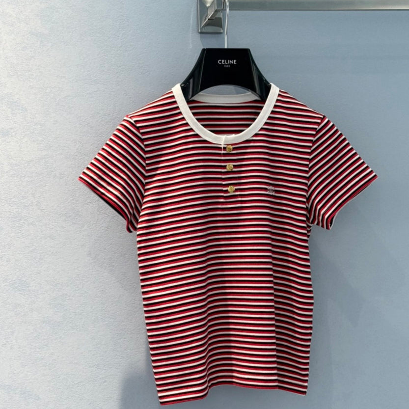 Celine 25 Striped Short-sleeved T-shirt Red White mix Black cotton