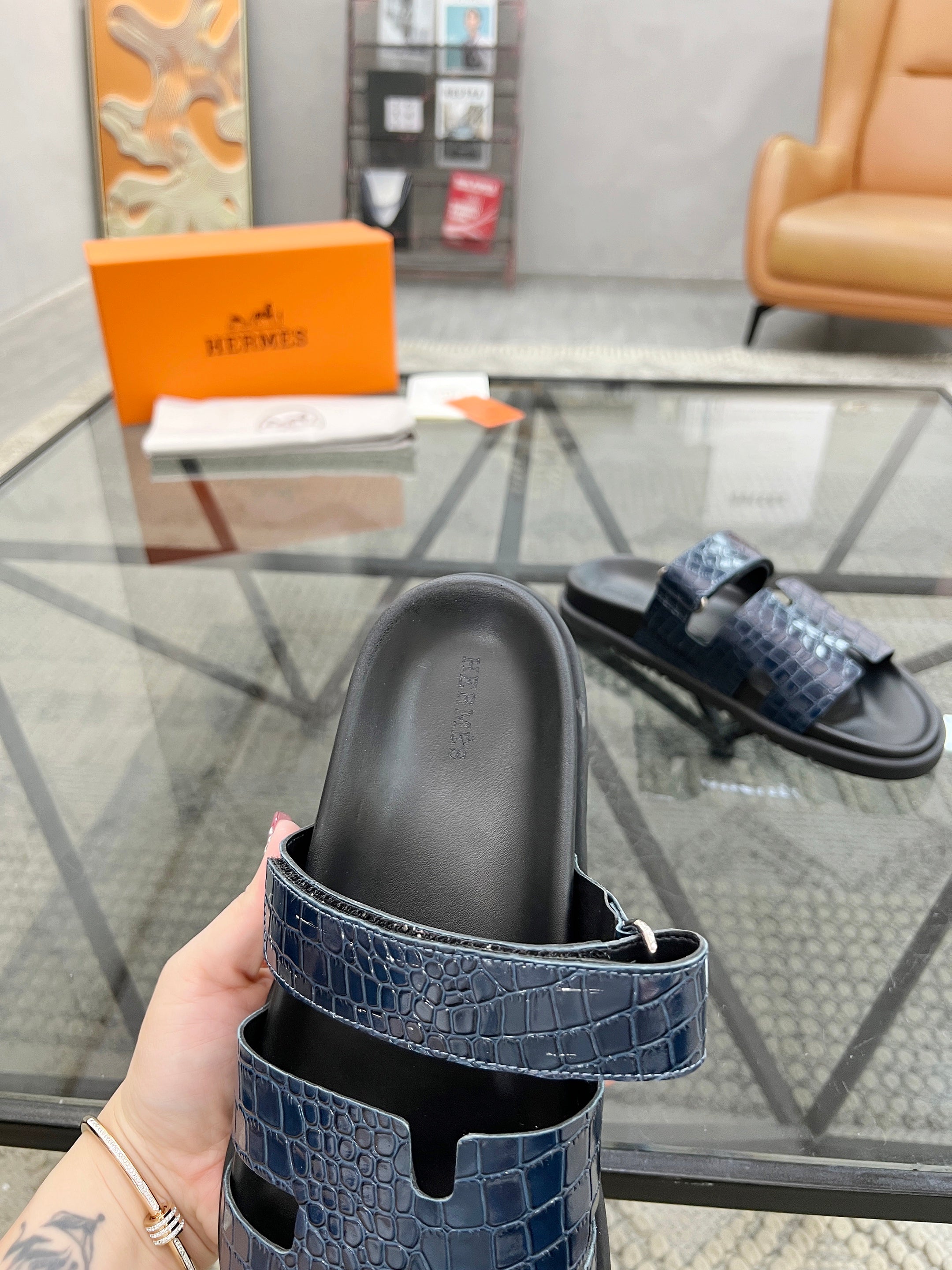 HM Men's Chypre Slide Navy Blue Cowhide 544583