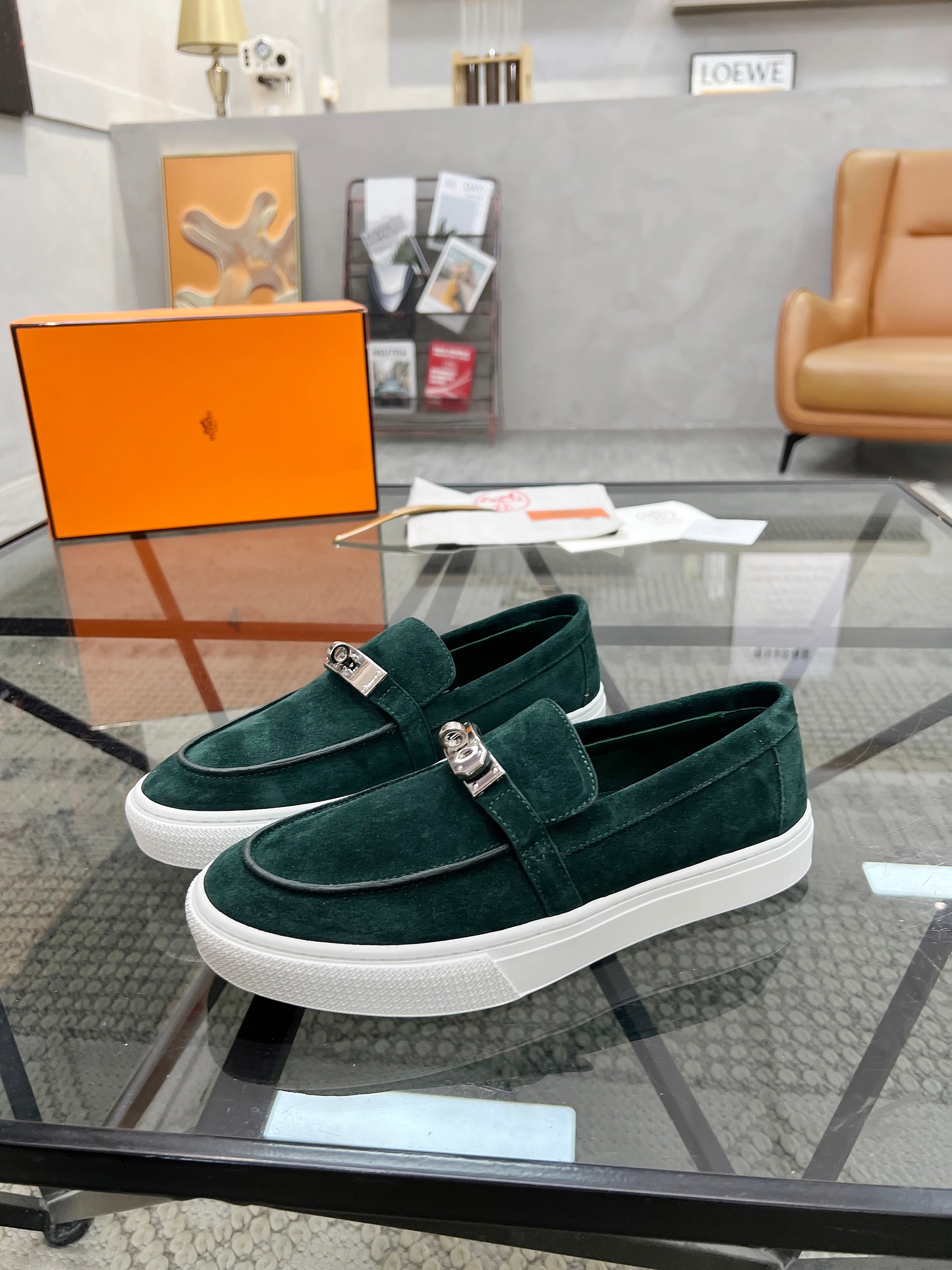 HM Men's Loafers Green Suede 621425