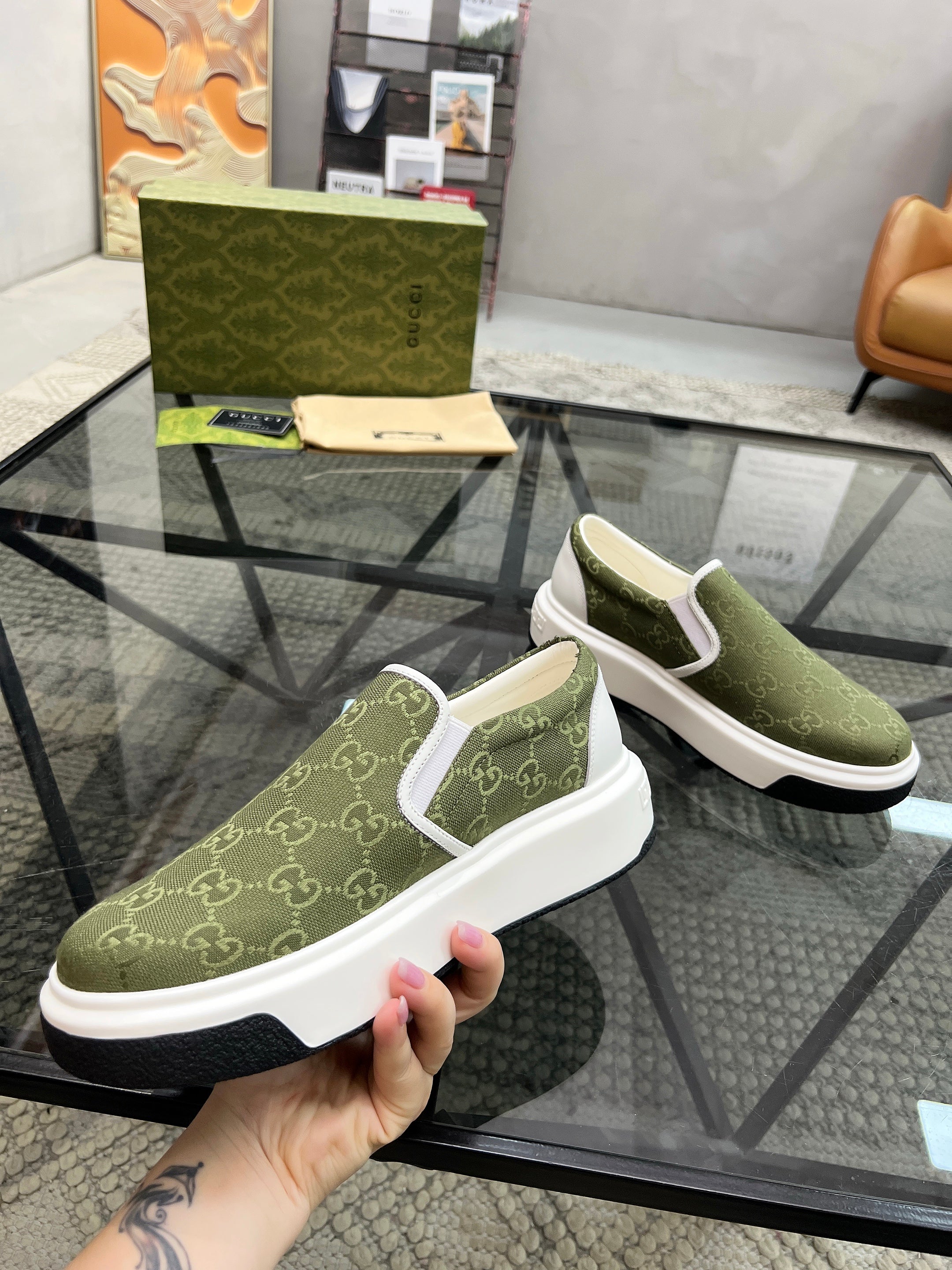 GG Men's Slip on Loafer Olive Green Printed Fabric 721525