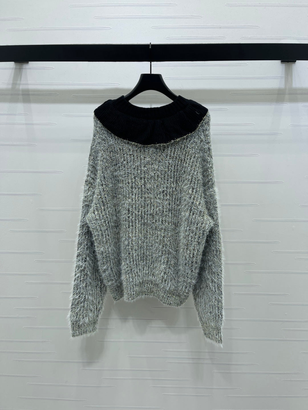 Chanel 2025 Ruffled Collar Shimmering Sweater Gray Black Polyester Wool 319566