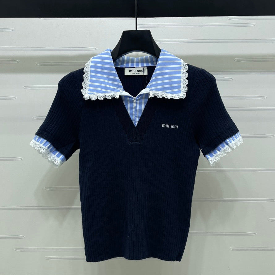 Miumiu 2026 Ribbed Knit Top With Striped Collar Blue Wool 352525