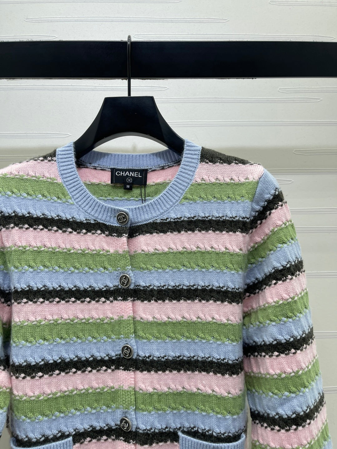 Chanel 2026 Striped Cardigan Blue Pink Green Wool 417669