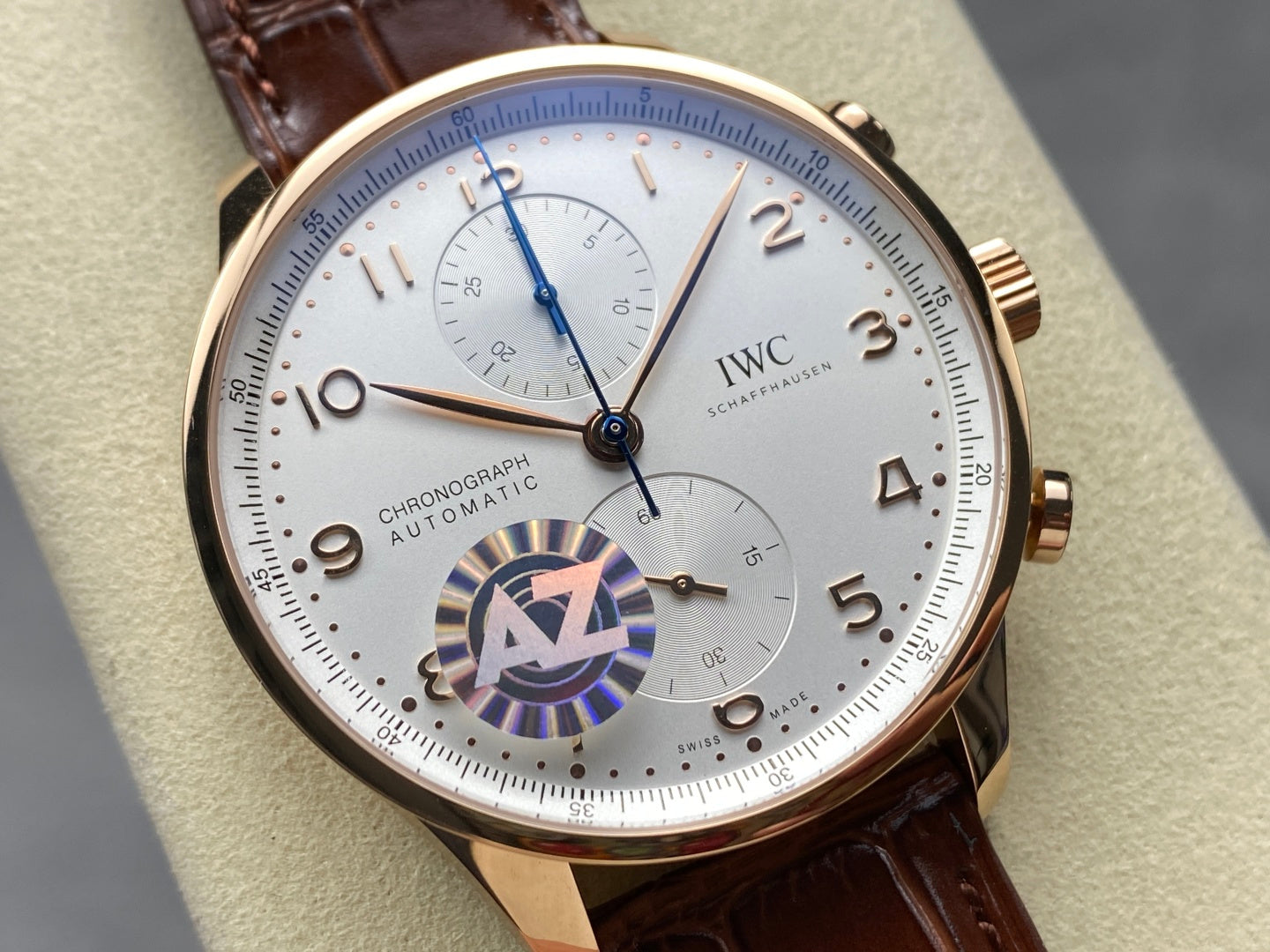 IWC Portuguese 41mm Cream Dial Pink Gold Case Brown Crocodile Leather