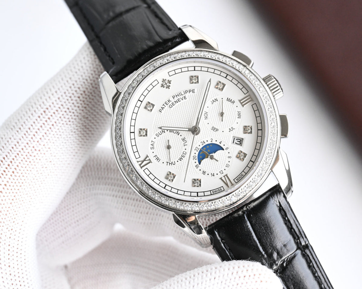 Patek Philippe Annual Calendar 42mm Diamond Benzel Black Leather Strap