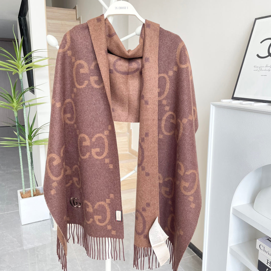 GG Houndstooth Scarf 180CM Brown Cashmere 288179