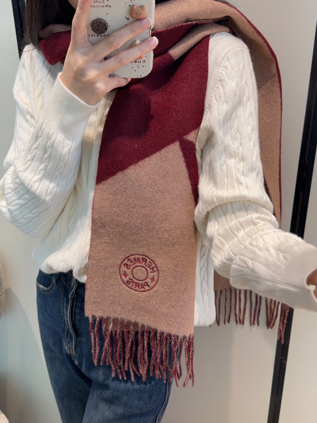 HM Scarf 190 CM Red Beige Wool 969499