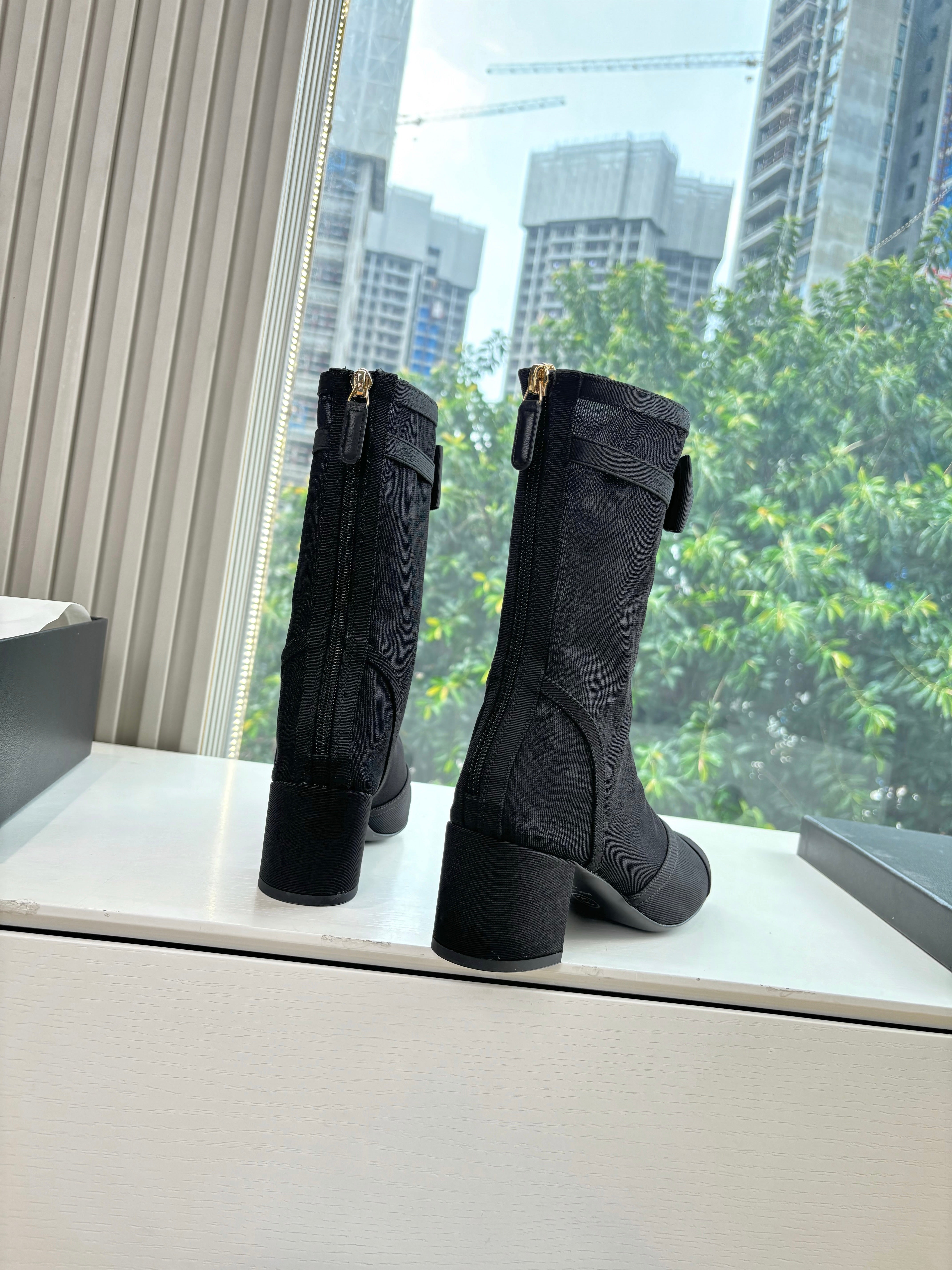 CC 25 Short Boot Black Mesh Calfskin Black Bow 430322