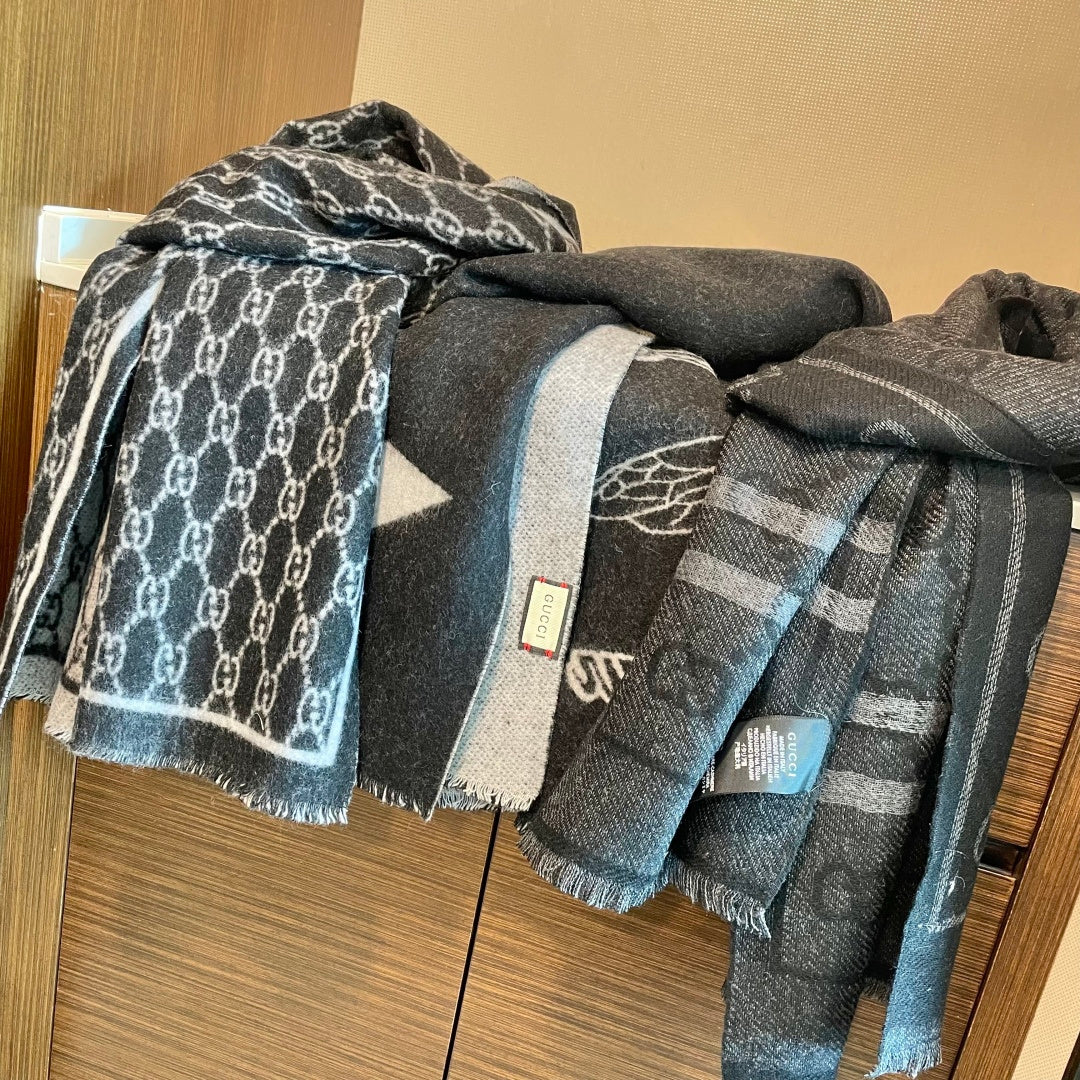 GG Double G Jacquard Scarf 180CM  Black Gray Wool 283098