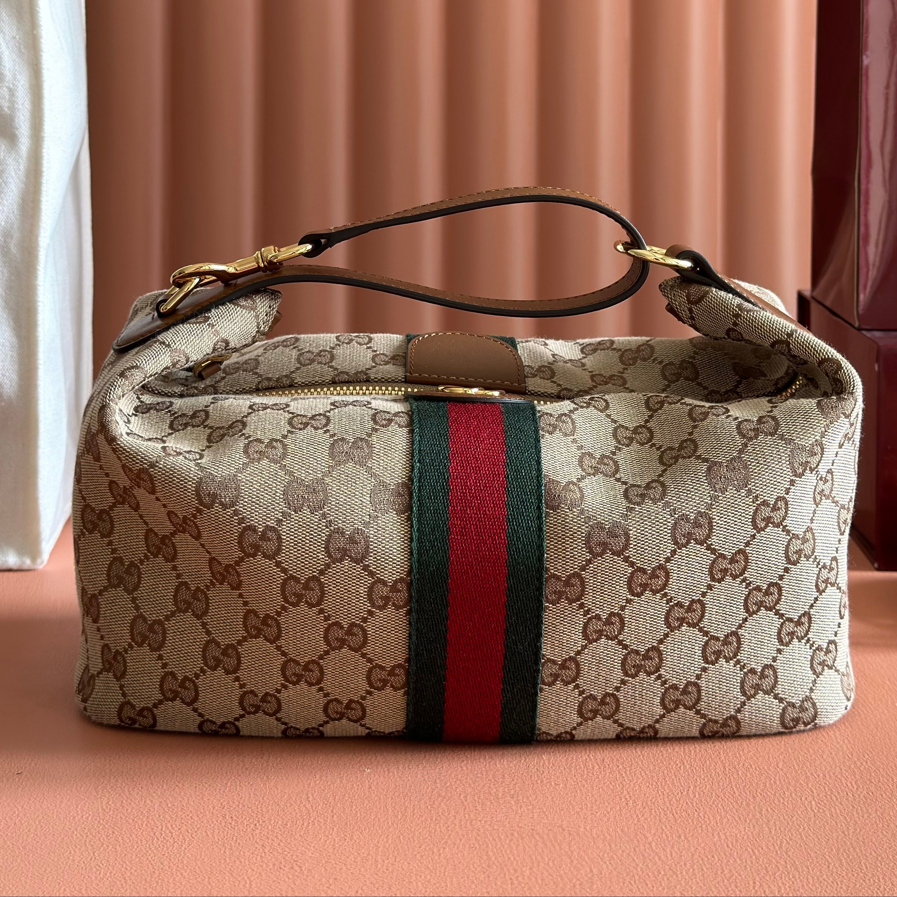 Gucci 2026 Vanity Top Handle Bag 27.5cm Ebony Dark Brown Canvas Leather 277178