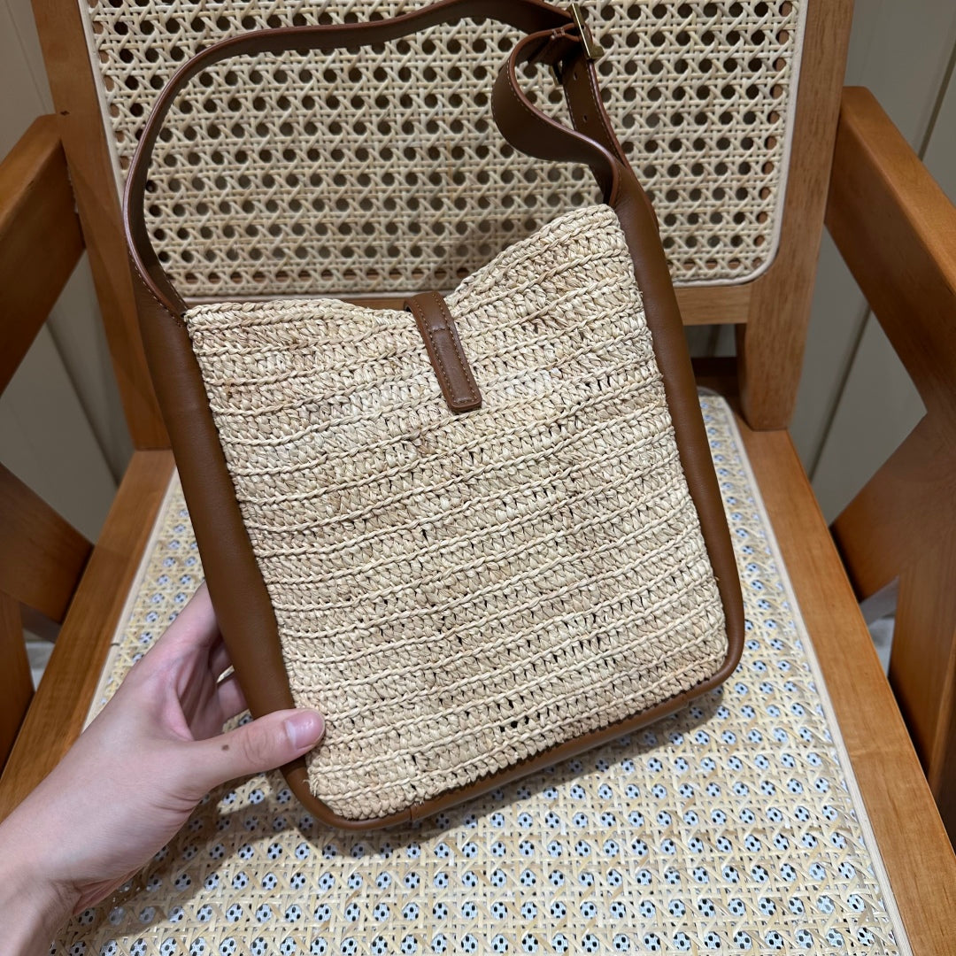 YSL Bag 22cm Brown Beige Raffia Cowhide