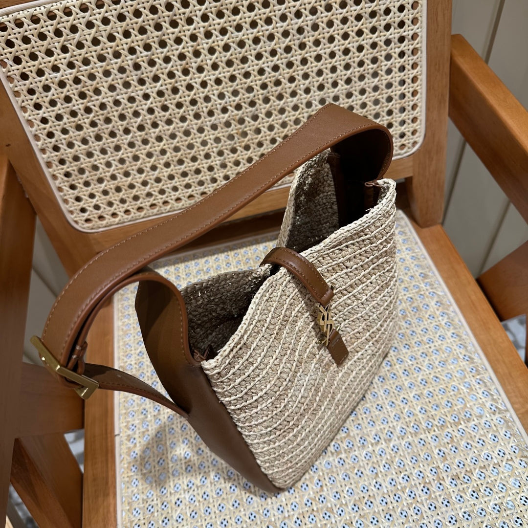 YSL Bag 22cm Brown Beige Raffia Cowhide