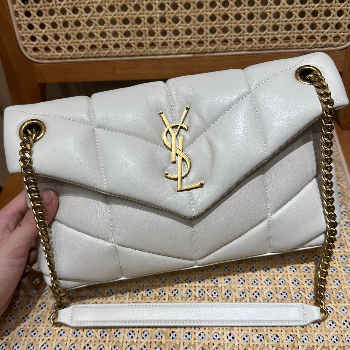 YSL Loulou Puffer Quilted Bag White Gold Lambskin 338844