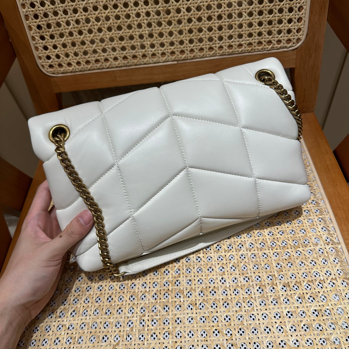 YSL Loulou Puffer Quilted Bag White Gold Lambskin 338844
