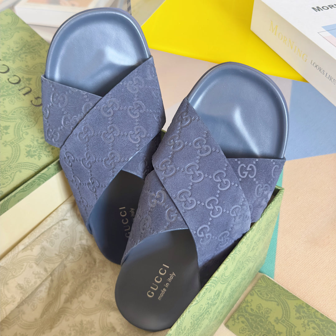 GG Men's Slide Navy Blue Embossed Suede 595712