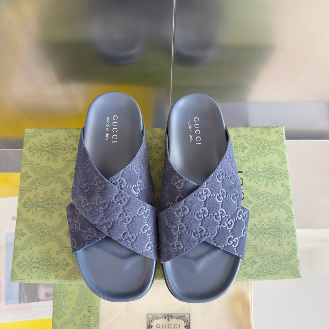 GG Men's Slide Navy Blue Embossed Suede 595712