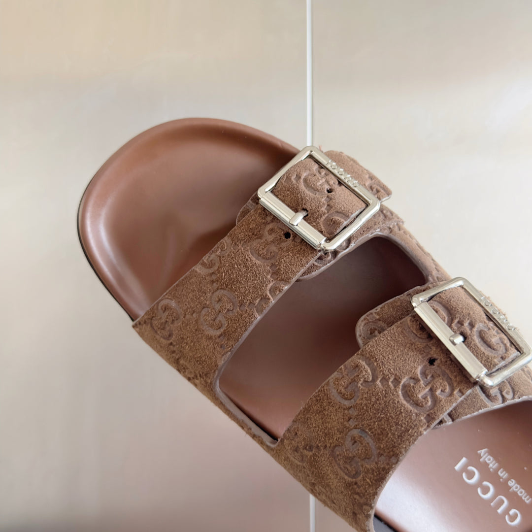 GG Men's Sandals Slide Brown Embossed Suede 595716