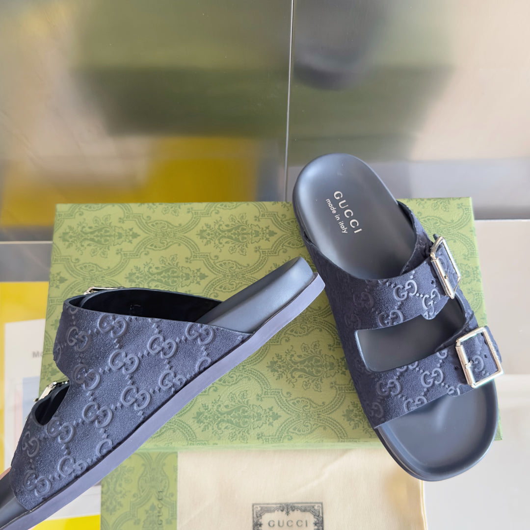 GG Men's Slide Navy Blue Embossed Suede 595718