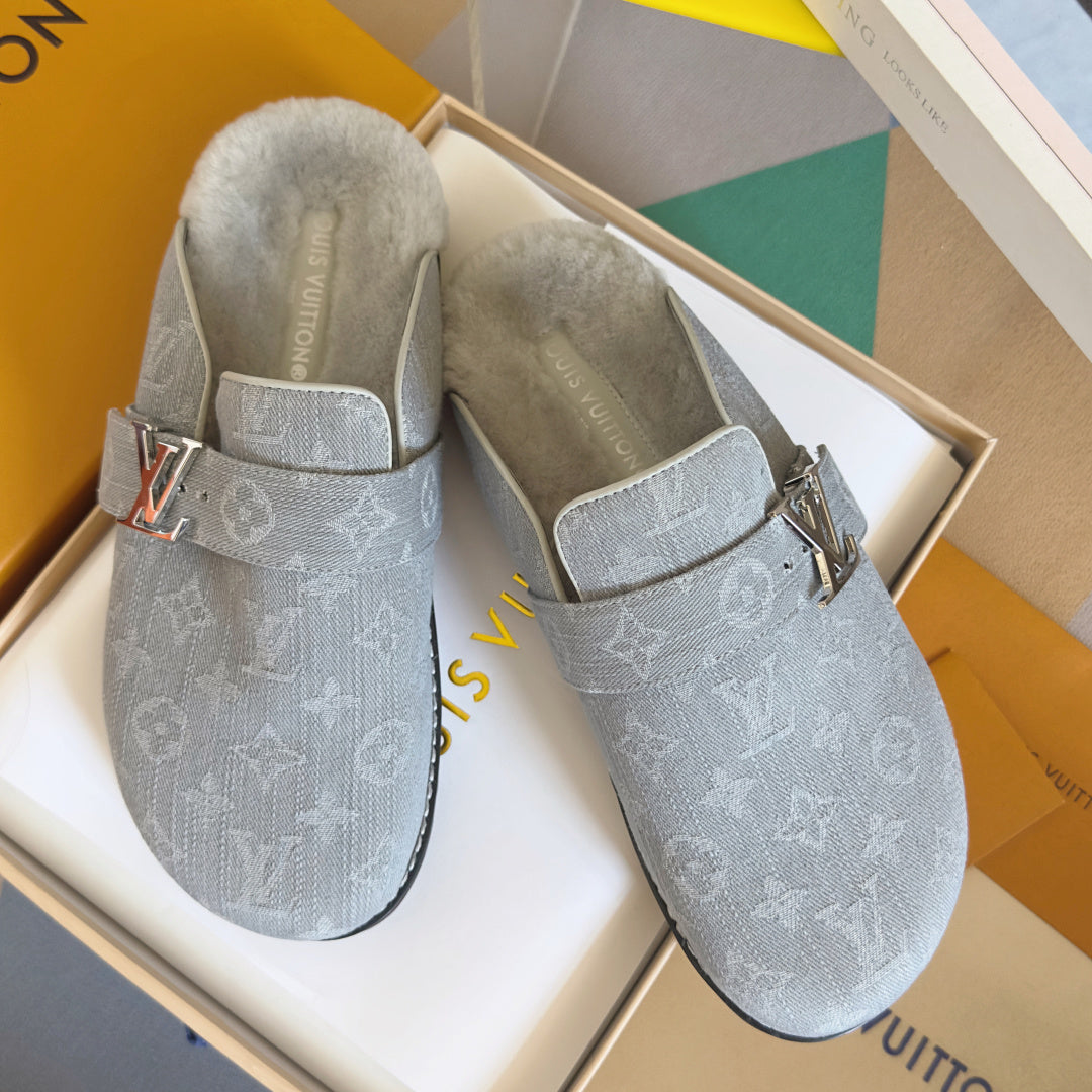 LV 25 Birkenstock Platform Slippers Light Gray Denim Wool 576212