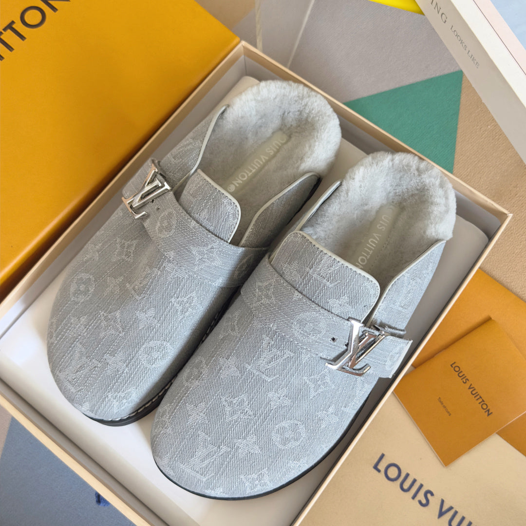 LV 25 Birkenstock Platform Slippers Light Gray Denim Wool 576212