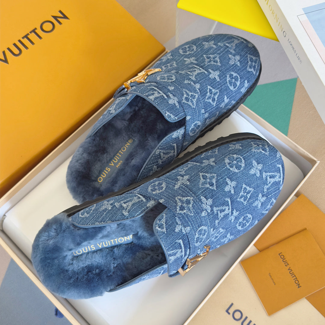 LV 25 Birkenstock Platform Slippers Blue Denim Wool 576213