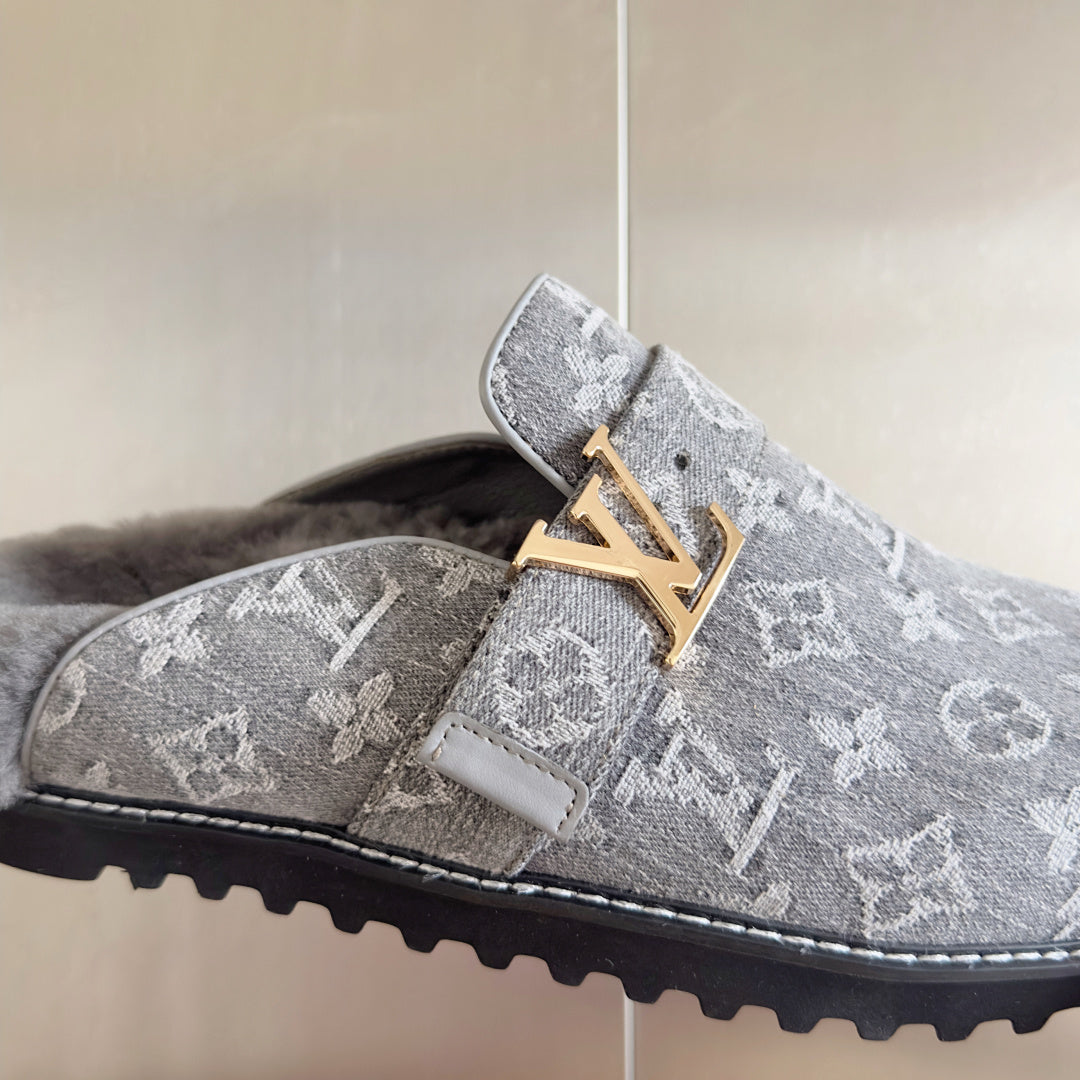 LV 25 Birkenstock Platform Slippers Gray Denim Wool 576214