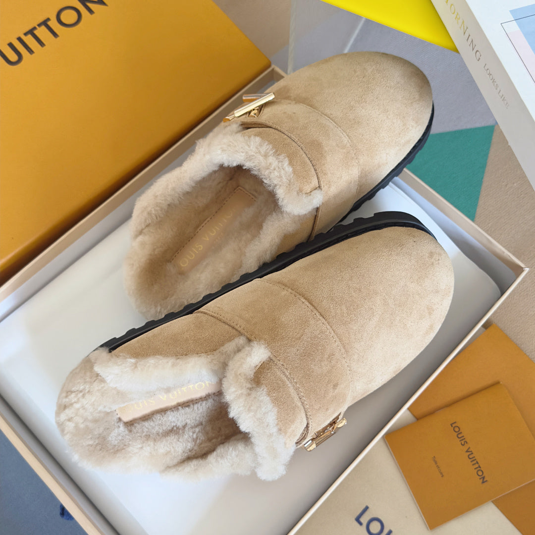 LV 25 Birkenstock Platform Slippers Light Beige Suede Wool 576218