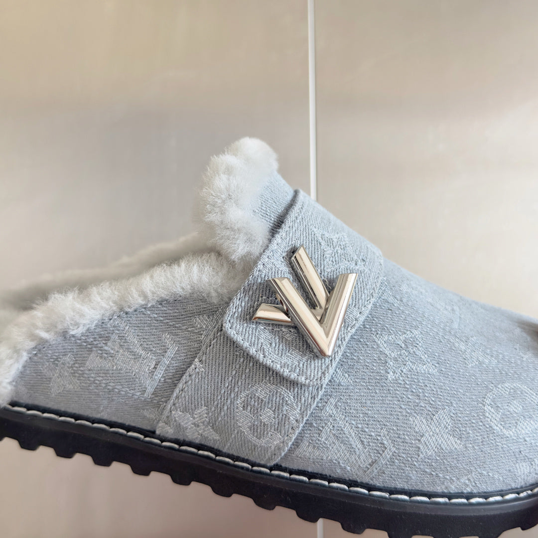 LV 25 Birkenstock Platform Slippers Light Gray Denim Wool 576221